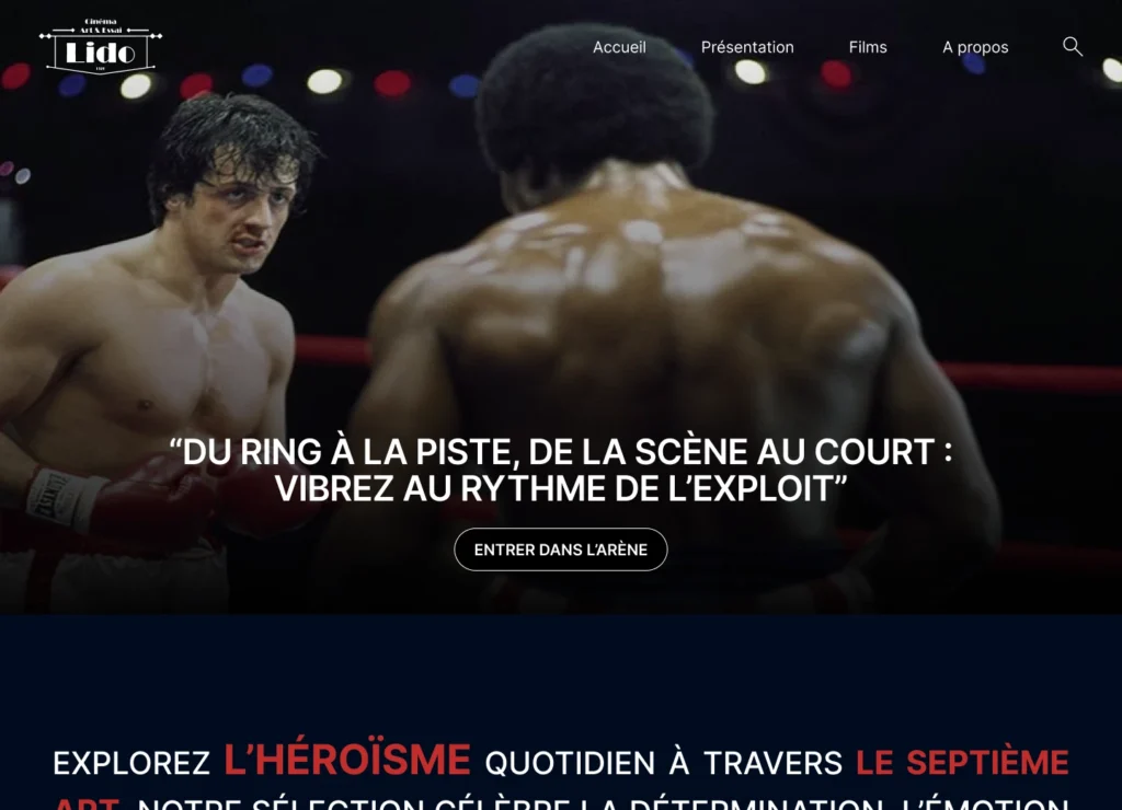 Maquette Figma du cinéma Le Lido : visuel Rocky, navigation et présentation de la sélection de films de sport.
