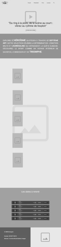 Wireframe de la landing page Le Lido : hiérarchie des contenus, films et programmation.