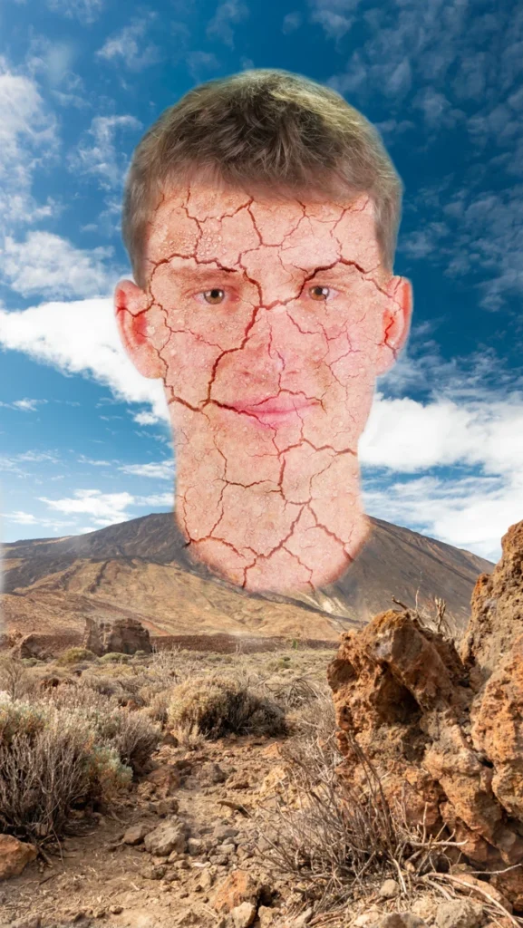 Autoportrait en photomontage avec texture craquelée et paysage désertique