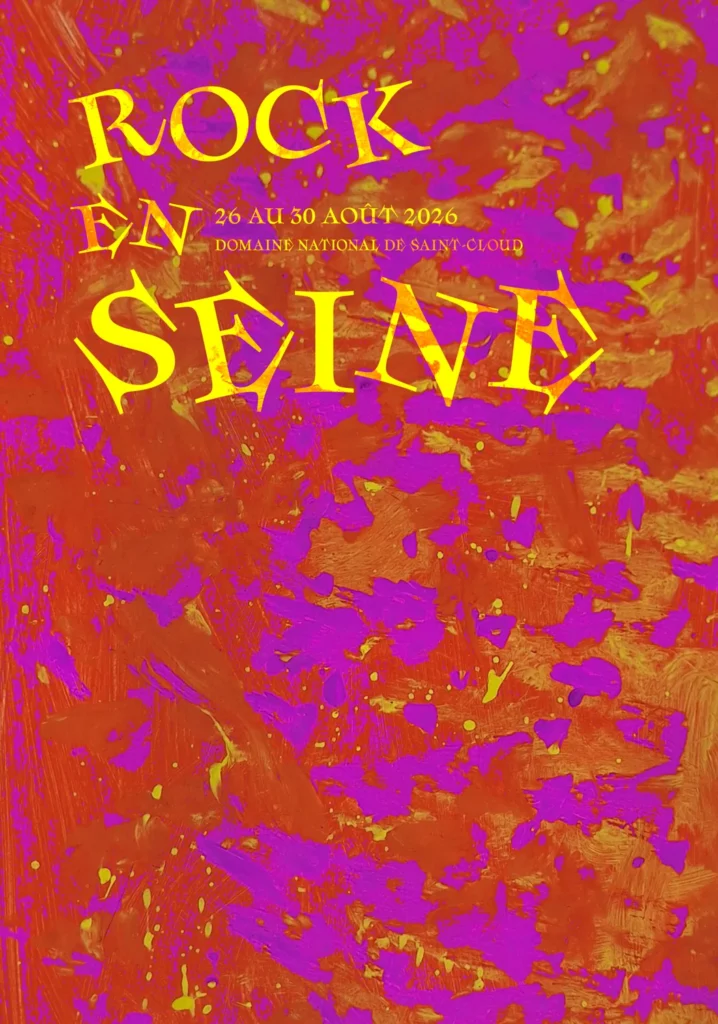 Affiche Rock en Seine aux textures orange et violettes et typographie jaune