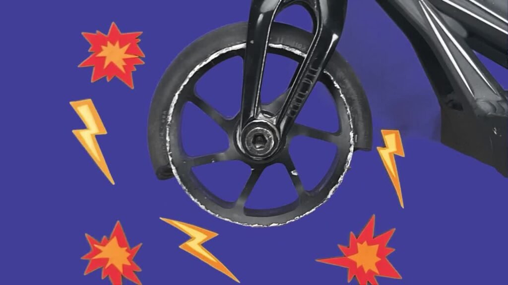 Roue de trottinette sur fond violet avec éclairs et formes graphiques